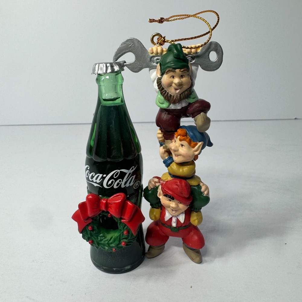 Vintage 1994 Coca-Cola Elves Opening Bottle Christmas‎ Ornament Resin 3.75 Inch